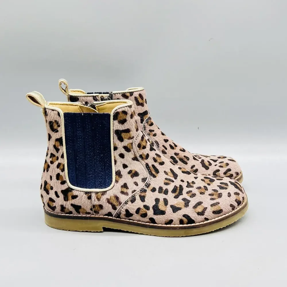 Mini Boden Boots Girls 1 Brown Leopard Print Calf Hair Chelsea Ankle Zip Shoes